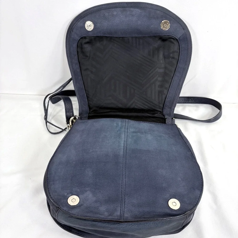 Rebecca Minkoff Vanity Saddle Bag Navy Blue Suede Whipstitch Crossbody Boho